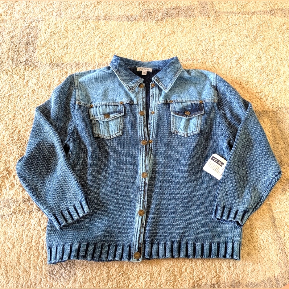 PBJ Blues Cardigan Sweater Denim Jacket Snap Buttons Pockets New Large L Women's